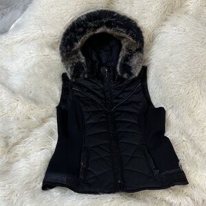 White House Black Market Black Vest with Faux Fur Hood
